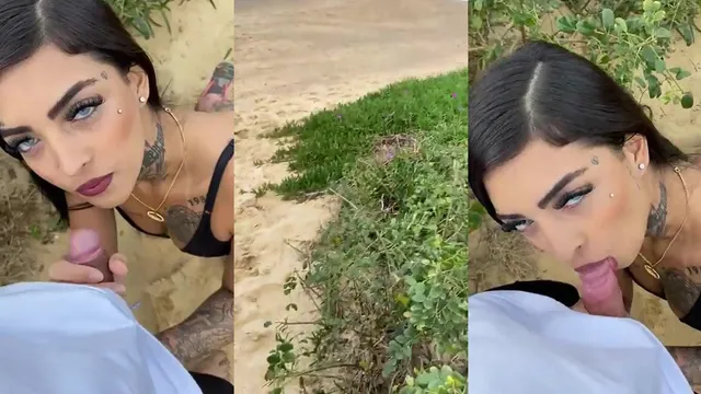 Gostosa chupando pau duro de cara no mato